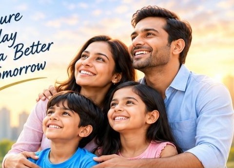 Happy family looking ahead